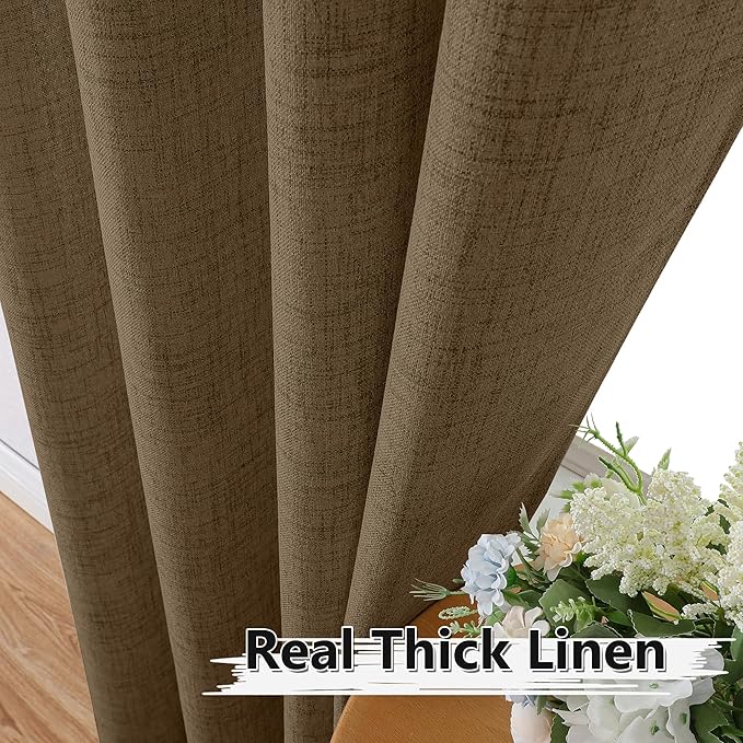 Tollpiz Short Linen Curtains Bedroom Rod Pocket Semi Sheer Curtain Burlap Light Filtering Thick Linen Drapes for Living Room, 38 x 45 inches Long, Brown, Set of 2 Panels