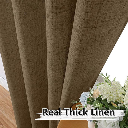 Tollpiz Short Linen Curtains Bedroom Rod Pocket Semi Sheer Curtain Burlap Light Filtering Thick Linen Drapes for Living Room, 38 x 45 inches Long, Brown, Set of 2 Panels