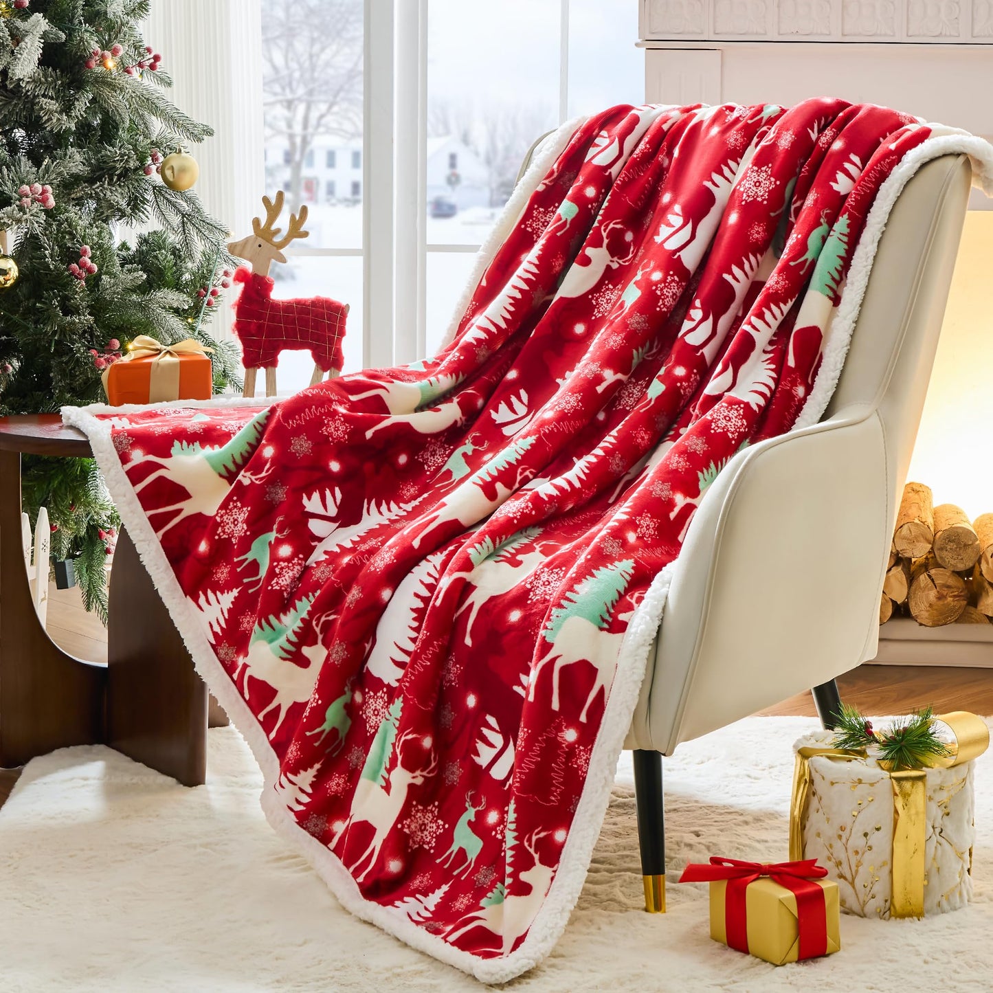 NORD ECO Christmas Throw Blanket, Christmas Decorations Gifts for Women, Sherpa Flannel Fleece Winter Holiday Blanket, Fluffy Cozy Soft Christams Throws for Couch Sofa Bed, DoubleDeer, 50" X 60"