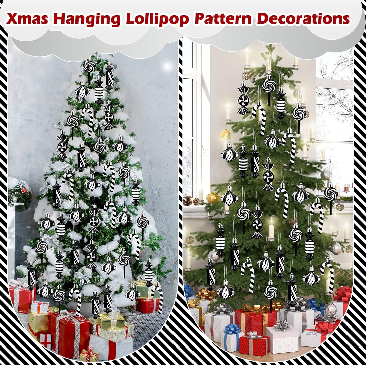 Realspring 30 Pcs Christmas Candy Ornaments Peppermint Candy Cane Christmas Decorations Plastic Lollipop Hanging Ornaments with Rope for Xmas Tree Party Holiday Supplies(Black White)