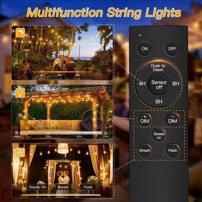 Ollny S11 100FT Outdoor String Lights with Remote, Plug in Waterproof Connectable 3 Modes Dimmable Timers Patio Lights with 48+2 LED Spare Bulbs, Dusk to Dawn Outdoor Light for Outside Bistro Yard
