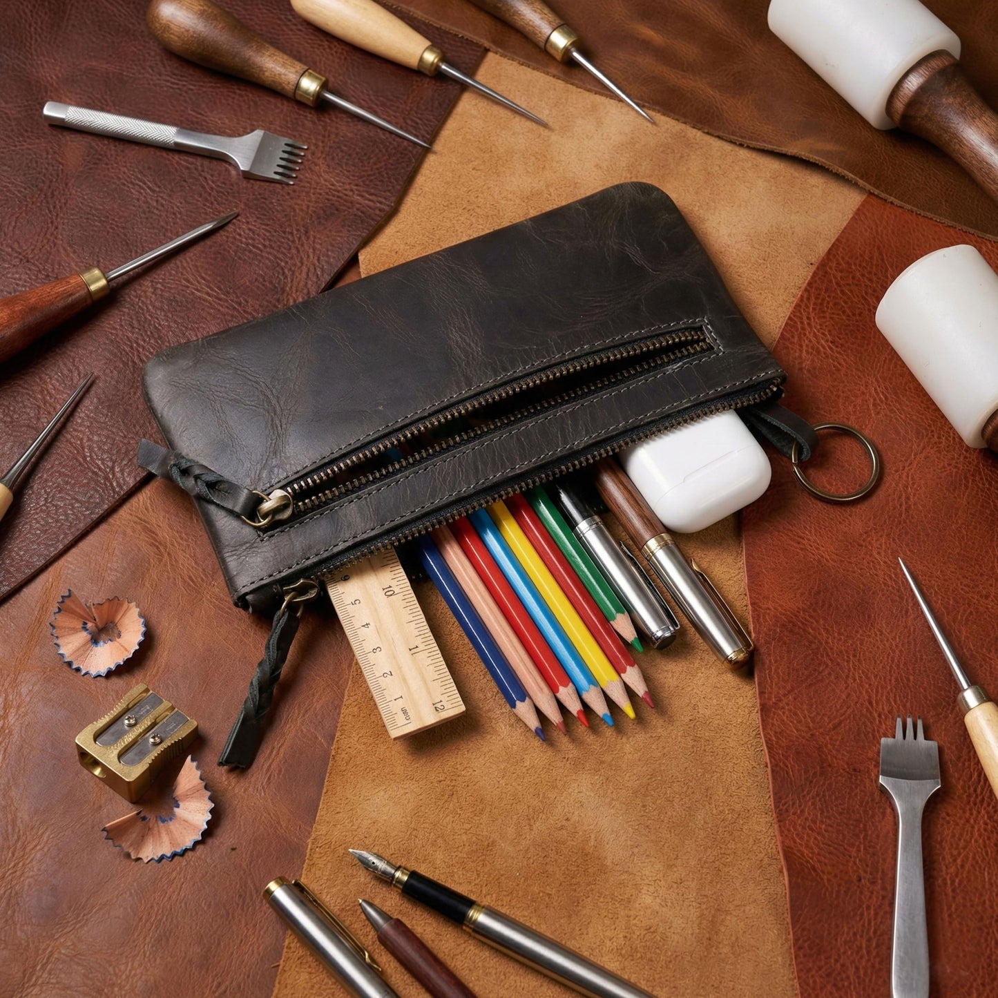 LEATHER TOWN Leather Pencil Case Pouch 8" x 4" - Leather Pen Case with Zipper (Black)