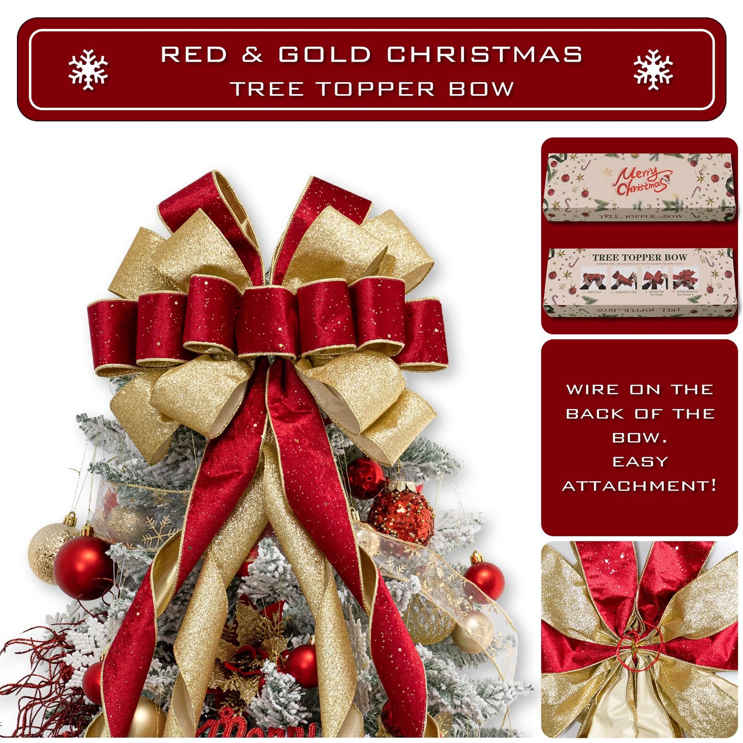 Hismir Christmas Tree Topper Bow，53x13 Inches Large Christmas Bow with Glitter Streamer，Decorative Bows for Xmas Tree Wreath Door Festival Home Decor(Red Gold)
