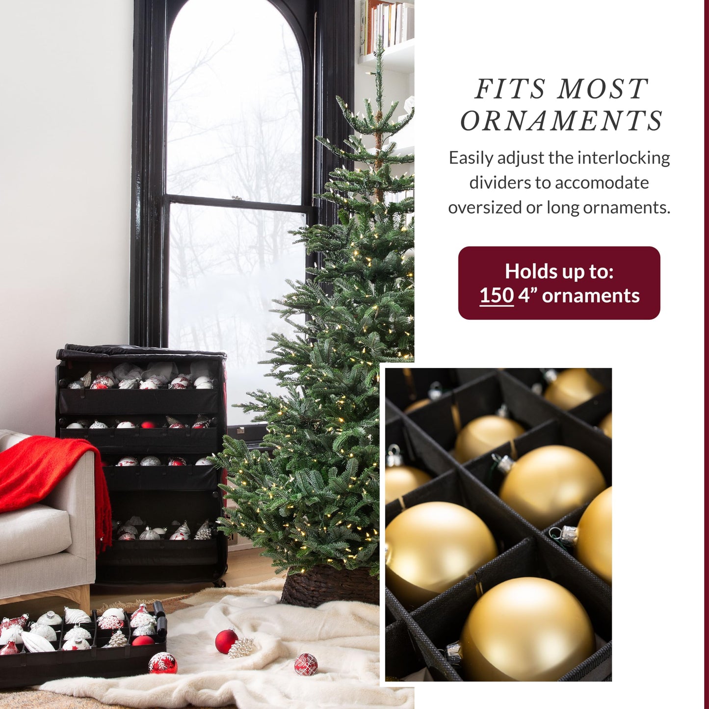 Balsam Hill Deluxe Rolling Ornament Chest - 150pc Christmas Decoration Storage with Dividers & Trays