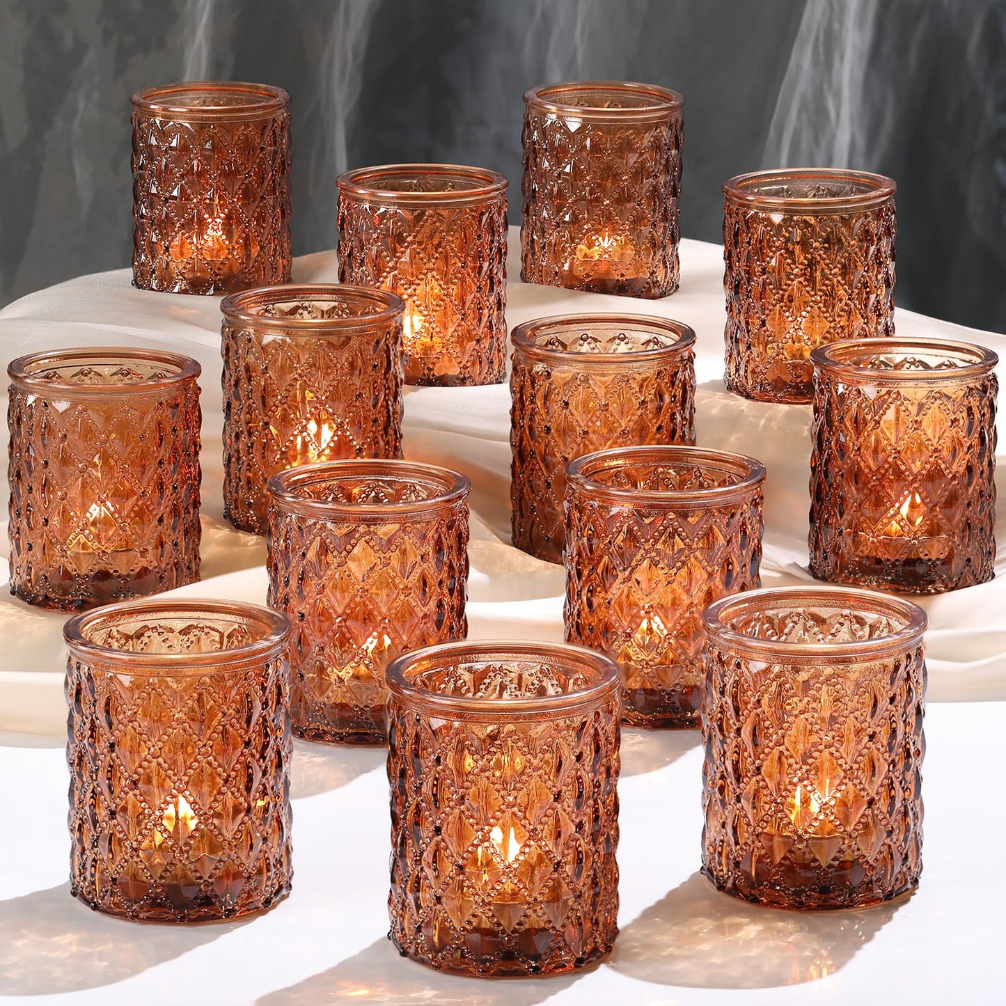 TripodBird 36 Pack Amber Votive Candle Holders, Glass Tea Lights Candle Holder for Boho Wedding Decor,Amber Candle Holders for Home Decor Gift Fall Wedding Christmas, Thanksgiving Party Table