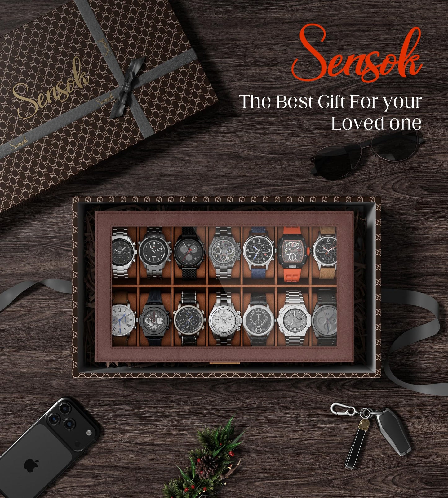 sensok Watch Case Box for Men – 14 Slots Watch Display Organizer with 6-Compartment Eyeglasses Storage, Real Glass Lid 2-Layer PU Leather Collection Holder Gift for Loved Ones Brown