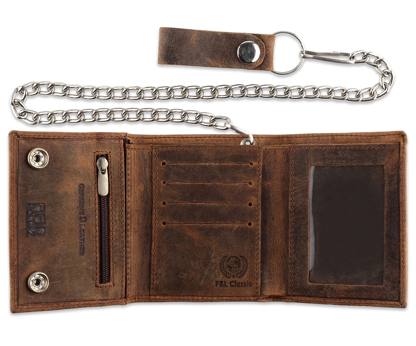 F&L CLASSIC RFID Blocking Men's Tri-fold Vintage Biker Cowhide Leather Steel Chain Wallet,Snap closure, USA,Vintage buffalo brown,315