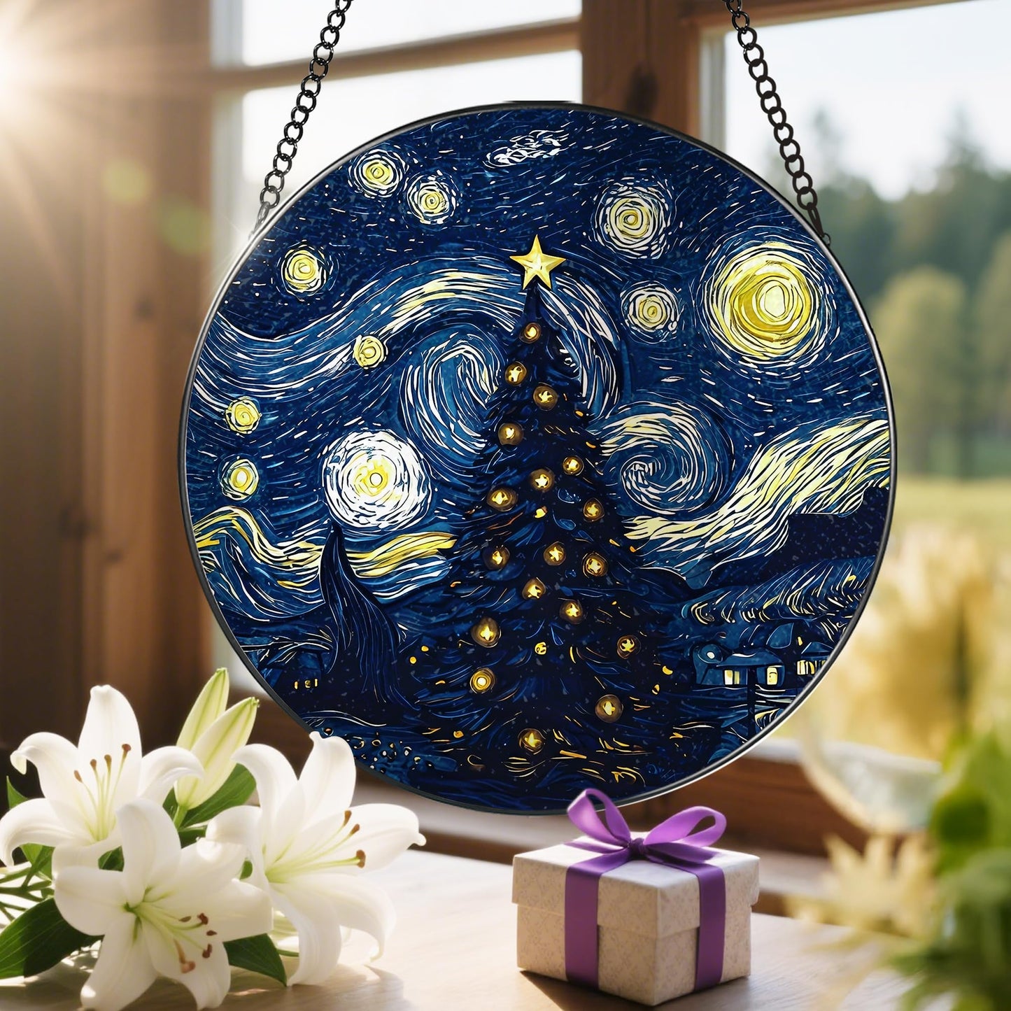 8-Inch Starry Night Christmas Tree Suncatcher Ornament, Stained Glass Window Hanging & Stained Glass Holiday Ornament, Sun Catcher Window Decor, Van Gogh’s Keepsake, Gifts for Christmas & Holidays