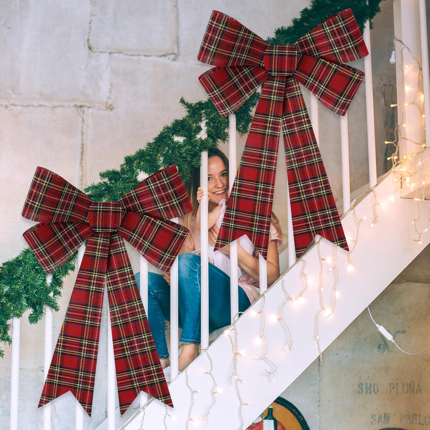 1 PCS Christmas Tree Bows, 9x12 In Large White Black Red Velvet Bows for Christmas Tree, Buffalo Plaid Plastic Big Christmas Bow for Xmas Decorations Wreath Stairs Railing Fireplace Front Door Decor