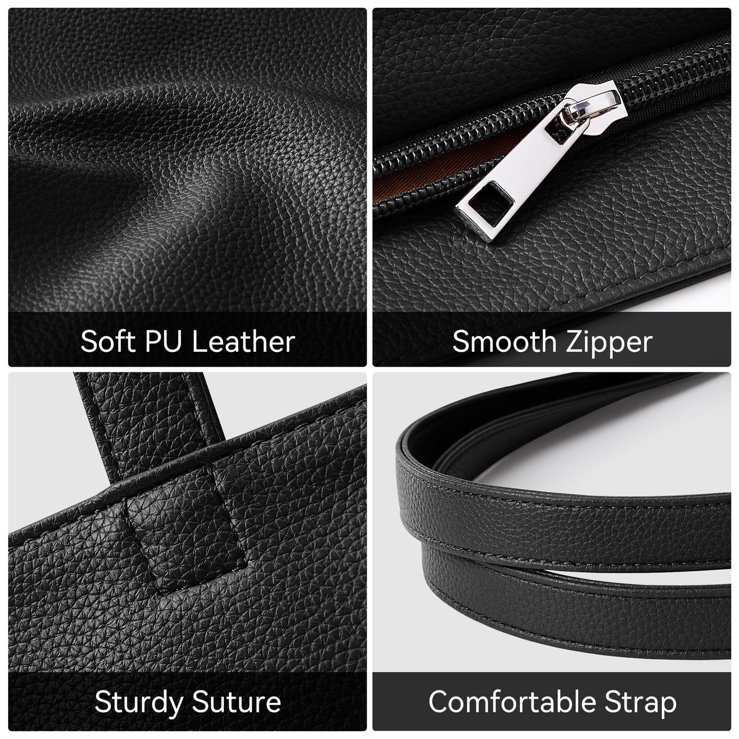 WLLWOO Soft Vegan Leather Tote Bag for Women Large Casual Hobo Handbags Zipper Shoulder Work Daily Weekender Travel Purse, Black