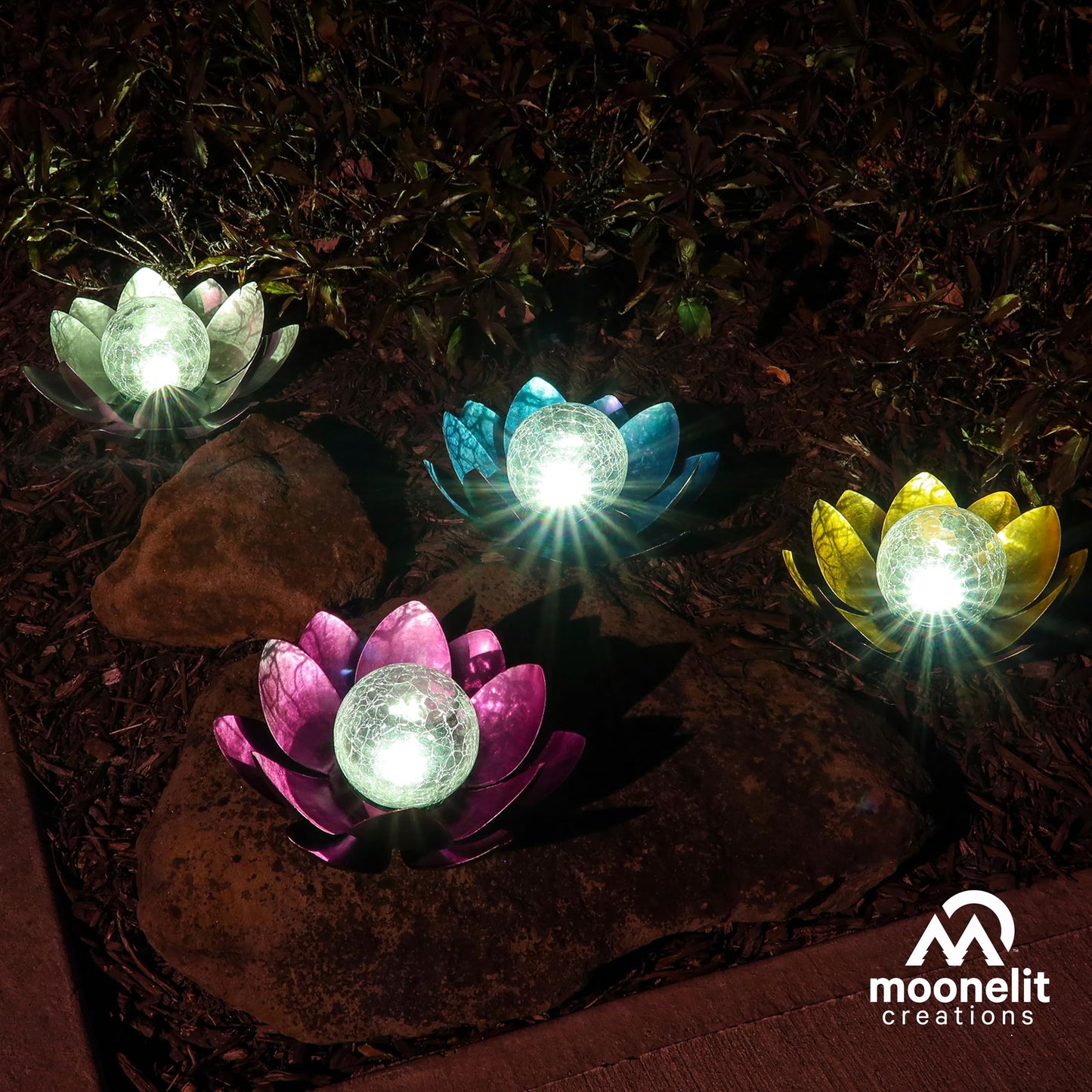 MooneLit Creations MCSLOTUS-V Violet Lotus Flower Solar LED Garden Light with Crackled Glass Globe – Waterproof Metal Outdoor Décor