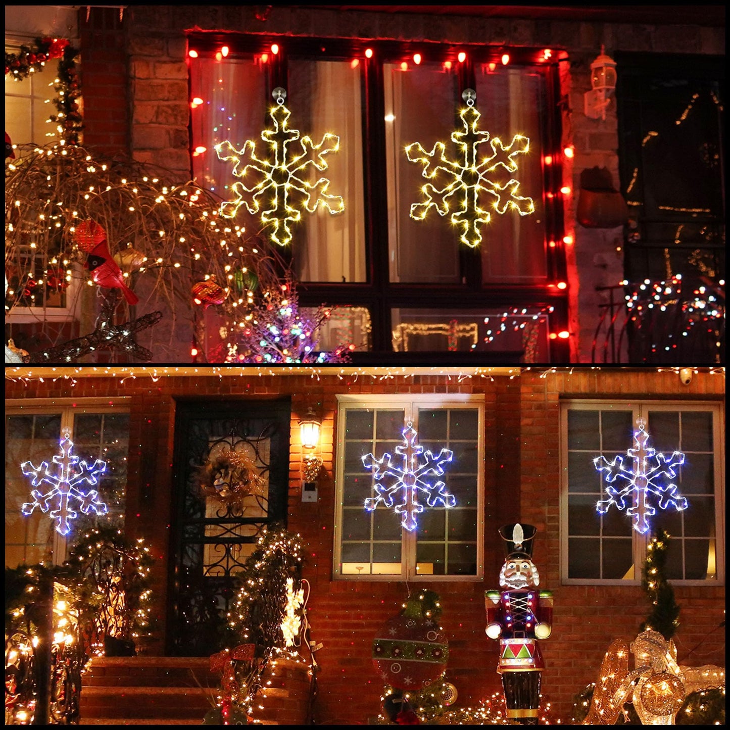 Hiboom 2 Pack Christmas Window Lights, 12 Inch Snowflake Lighted Decorations Wrapped with LED String Lights, 8 Modes Battery Powered Christmas Window Light for Xmas Indoor Decor (Warm White)