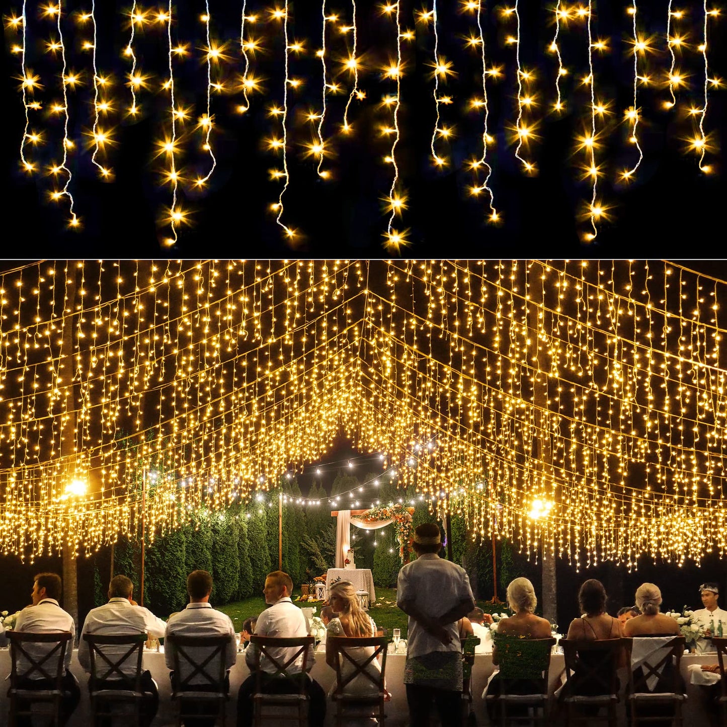 Nielfoi Icicle lights Outdoor - 33ft Christmas Lights with 400LED 75 Drops 8 Modes, Plug in Curtain String Lights Waterproof for Holiday Wedding Party Home Garden Bedroom Indoor Decoration, Warm White