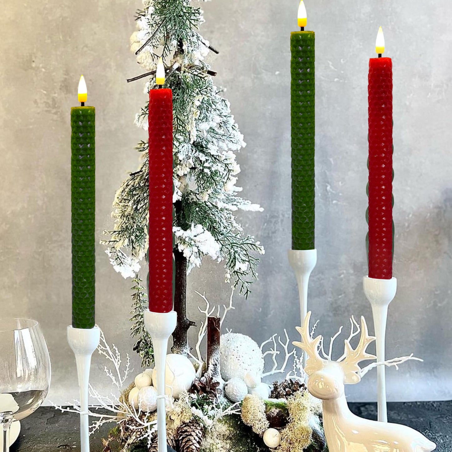 FCMSHAMD Christmas Red&Green Honeycomb Flameless Taper Candles, 9.5 Inch Flickering Candles with Remote and Timer, Real Beeswax Battery Operated Led Candle for Christmas Party Home Decoration, 6PCS