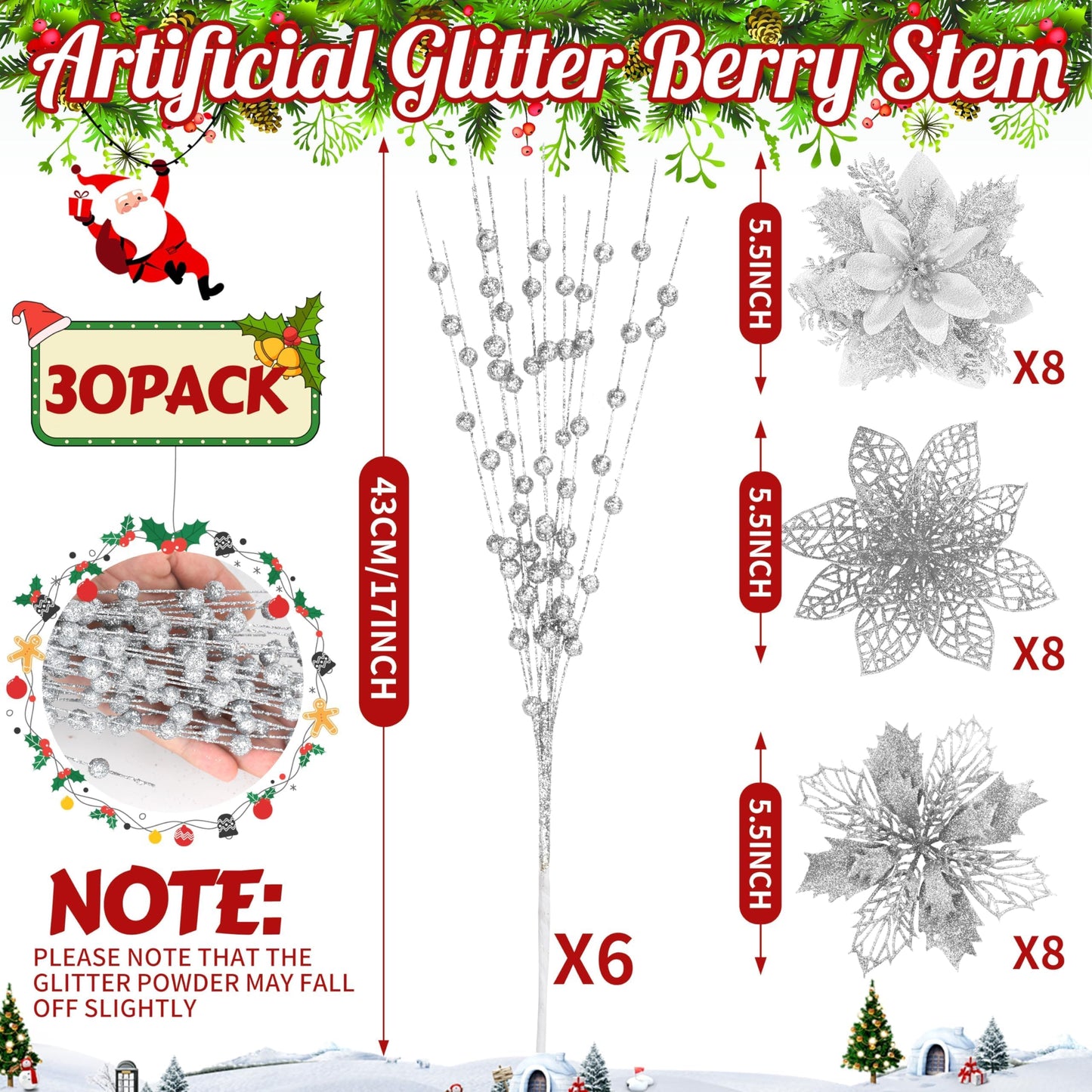 30Pcs Glitter Poinsettia Flowers Berries Stems Ornaments Kit, 24Pcs Artificial Flowers with Clips and 6Pcs Berry Picks Floral Decorations for Christmas Tree Wreath Fireplace Xmas Party Decor (Silver)