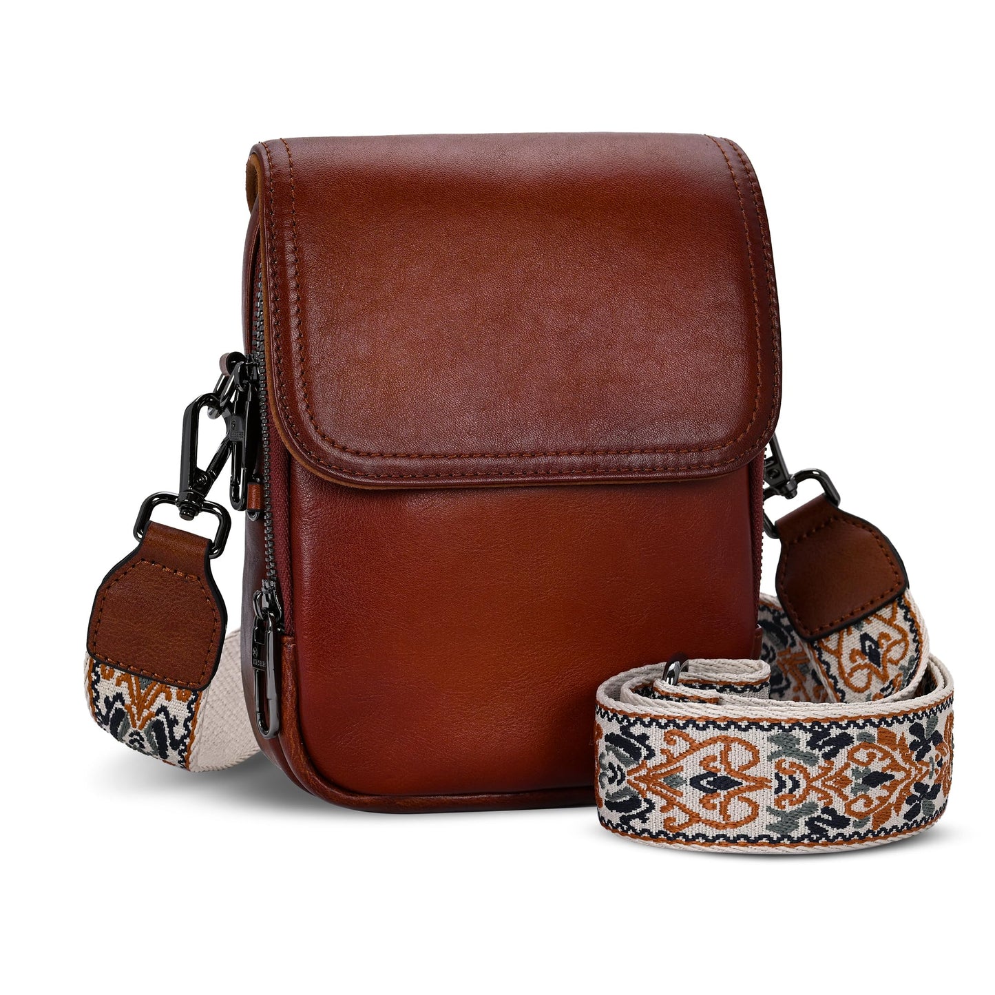 HESHE Leather Small Crossbody Bags for Women RFID Blocking Cell Phone Purse Anti-Theft Travel Bag with wide Straps (Retro Brown)