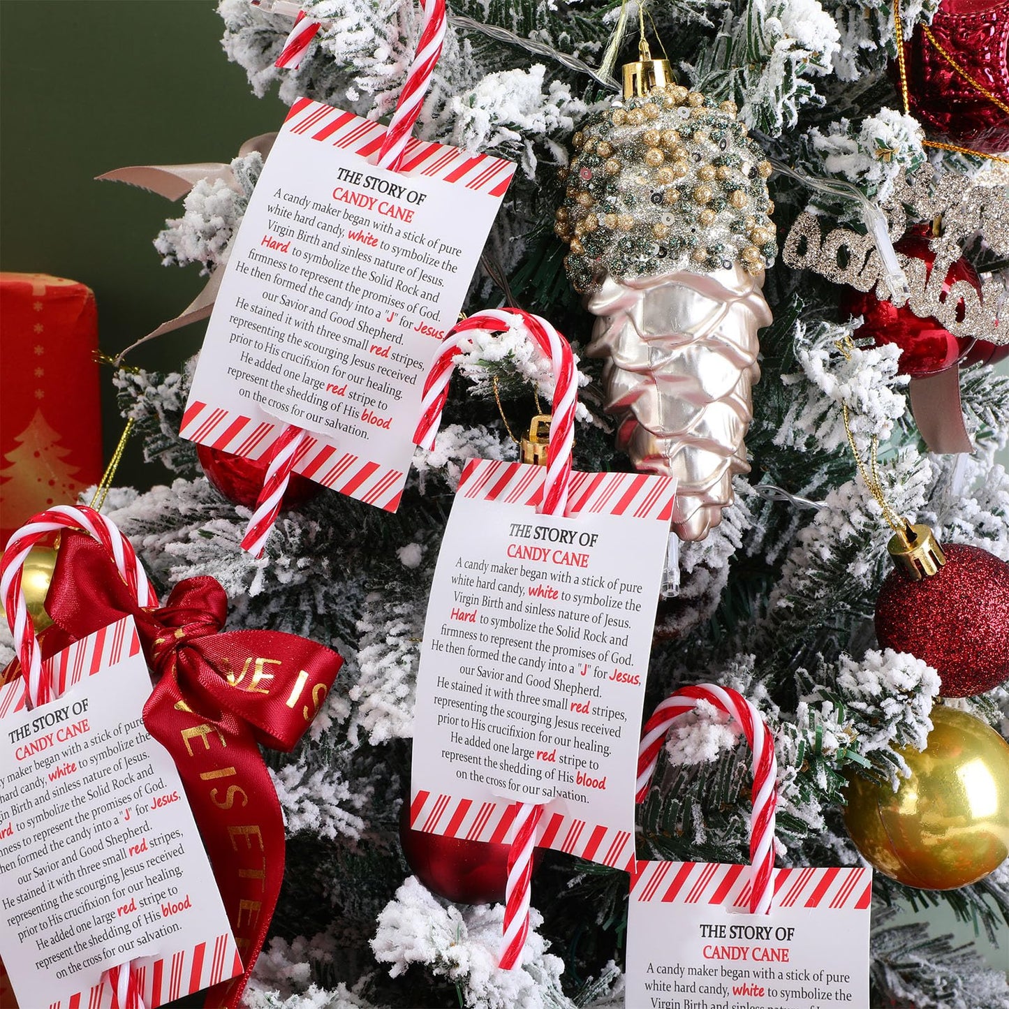 Cinnvoice 50 Sets Christmas Candy Cane Ornament and Candy Cane Meaning Story Cards Plastic Christmas Tree Hanging Ornaments Twisted Red and White Tree Decoration for Xmas Party Supplies