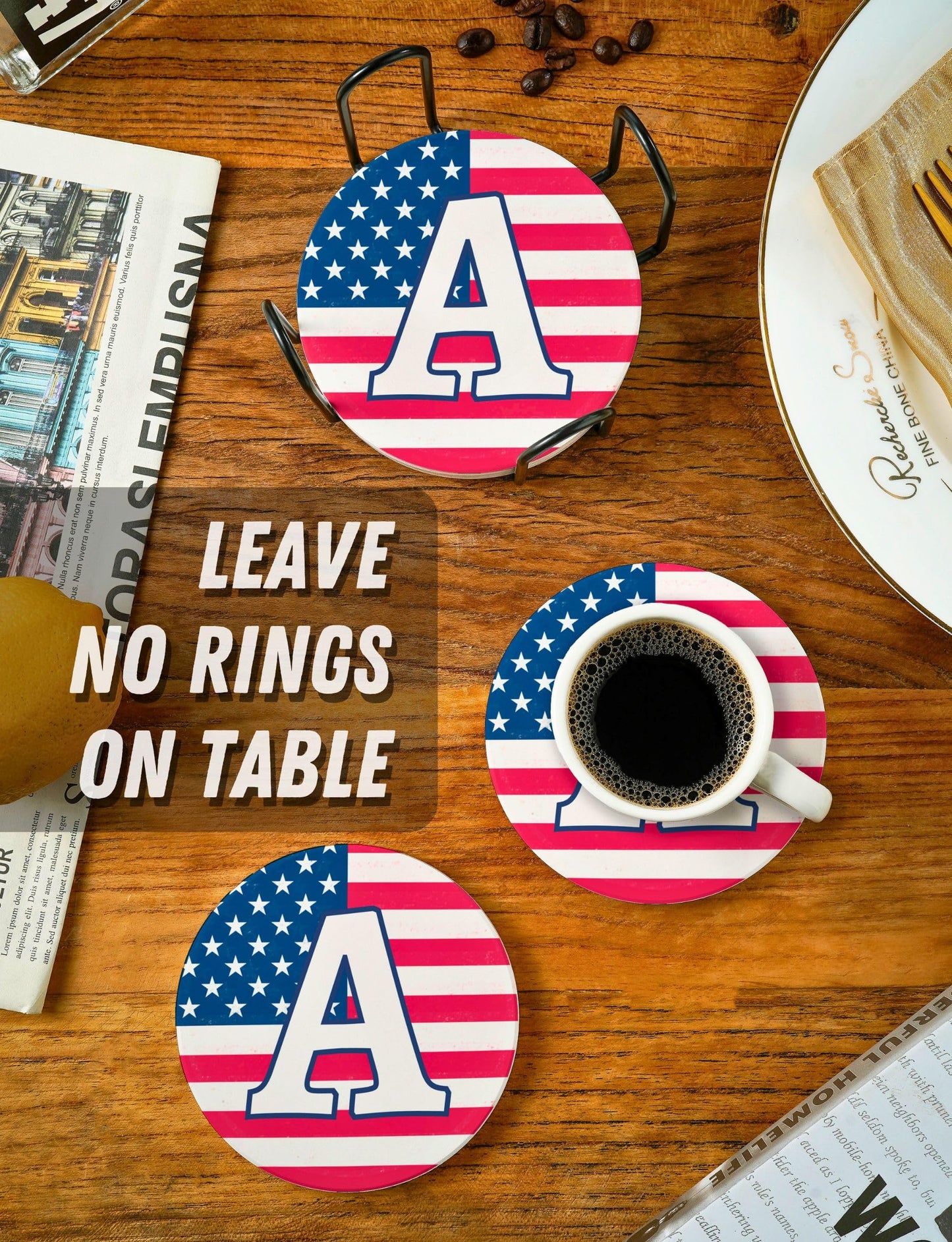 Onebttl Monogram Initial Gifts - Patriotic American Flag Ceramic Coaster Set of 6 - with Holder and Absorbent Cork Base - S