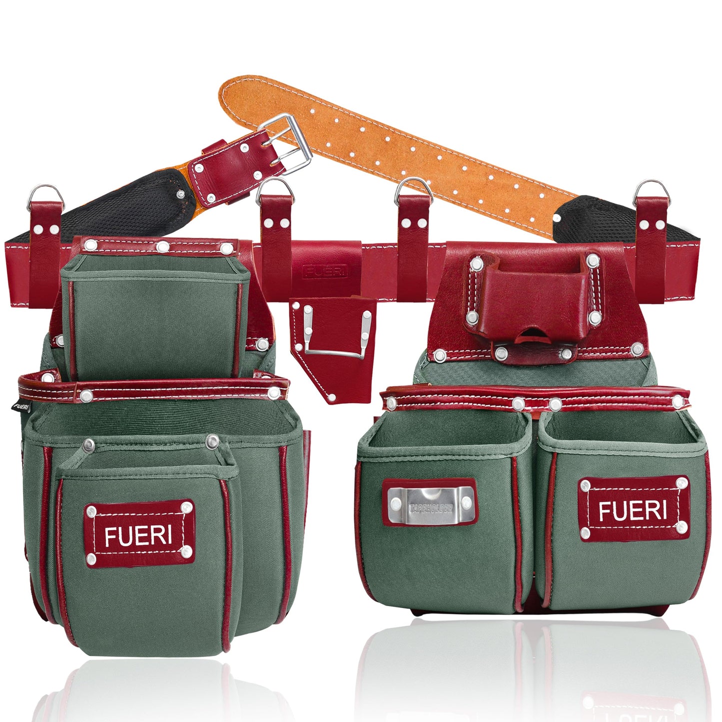 FUERI Carpenter Tool Belt made with Nylon & Grain Leather comes with Adjust to fit Padded Belt, Pouches with multiple pockets, Suspender loops, and a Hammer Holder (Best Gift for your father)
