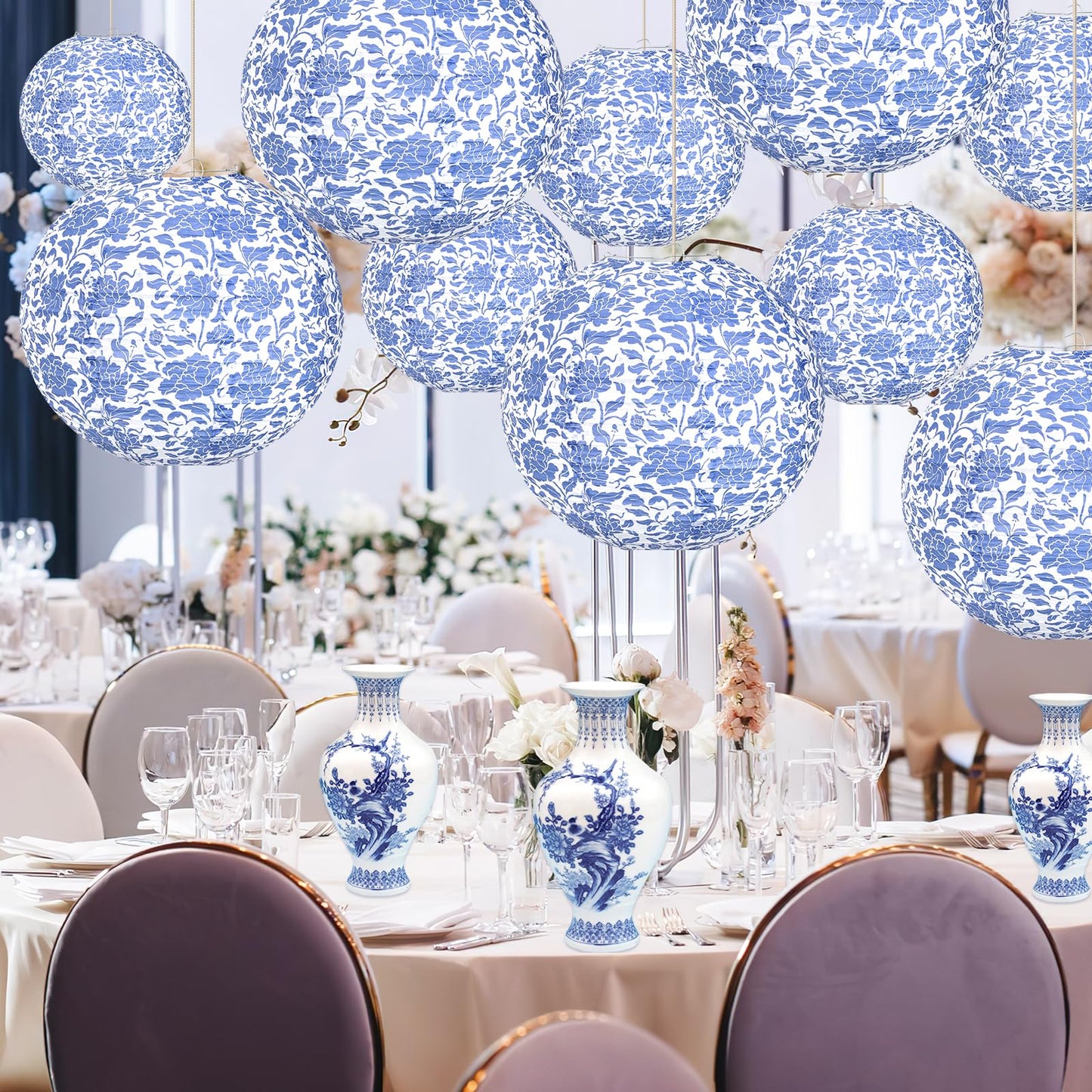 12 Inches Chinoiserie Paper Lantern Celehappy 10pcs Blue and White Porcelain Print Lantern Chinese Round Hanging Lanten for Birthday Wedding Party Ceilding Indoor Outdoor Home Decor
