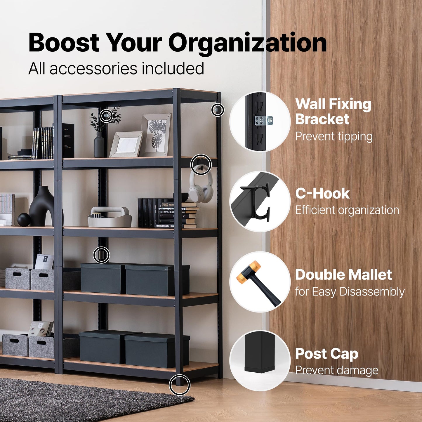 HOMEDANT House 24.4" W 5 Tier Heavy Duty Garage Shelving Adjustable Metal Rack Storage Shelves Standing Shelf Unit Organizers Pantry Closet Office Black 1Pack