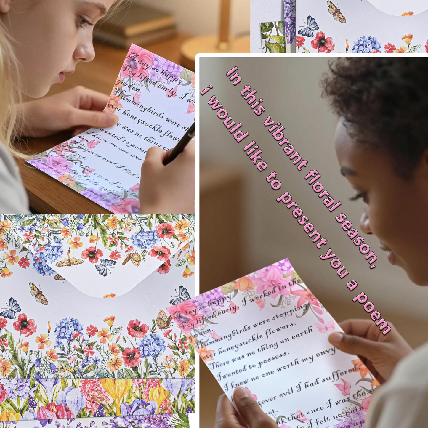 AUSTARK 160 Pieces Stationery Set (50 Pieces Stationery Paper 8.25 x 5.5 Inch, 50 Pieces Envelopes, 60 Sealed Stickers) for Letter Writing (Floral No-underline)