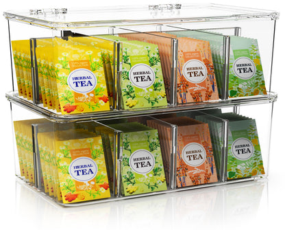 Utopia Home - Tea Bag Organizer With Lids, Clear Pantry Storage Box - (3 Pack) Stackable Partition Organizers or Holder With Lids For Drawers, Countertops, Fridge, Kitchen, Snack & Spice Organization