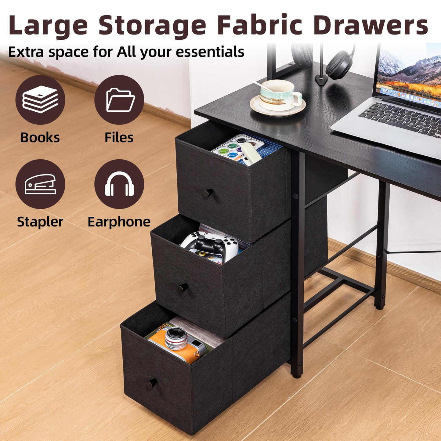 Aquzee Computer Desk with Drawers, 47 inch Desk Hutch, Gaming Desk with Storage Shelves, Power Outlets & Bookshelves, Study Writing Desks for Bedroom Living Room Home Office, Black