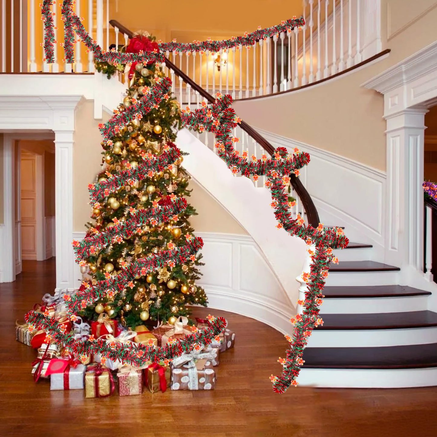Christmas Garland Decorations 33 FT Red Green Christmas Tinsel Garland with Gingerbread Man Ornaments, Metallic Christmas Tree Garland Indoor Outdoor for Home Mantle Fireplace Xmas Holiday Party Decor