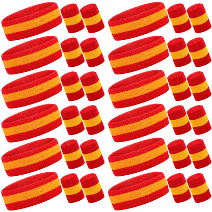 Eurzom 36 Pcs Sweatband Set - 12 Sweat-Absorbing Headbands and 24 Cotton Wristbands for Men, Women, Gym, Sports (Red, Yellow)