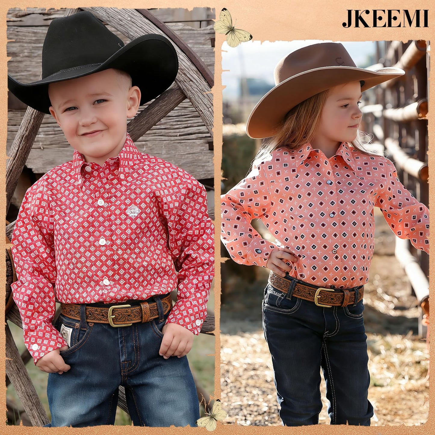 JKEEMI Kids Western Belt, 1.1'' Width Girls Boys Cowboy Leather Belt with Vintage Buckle & Floral Curved - for Jeans Dresses