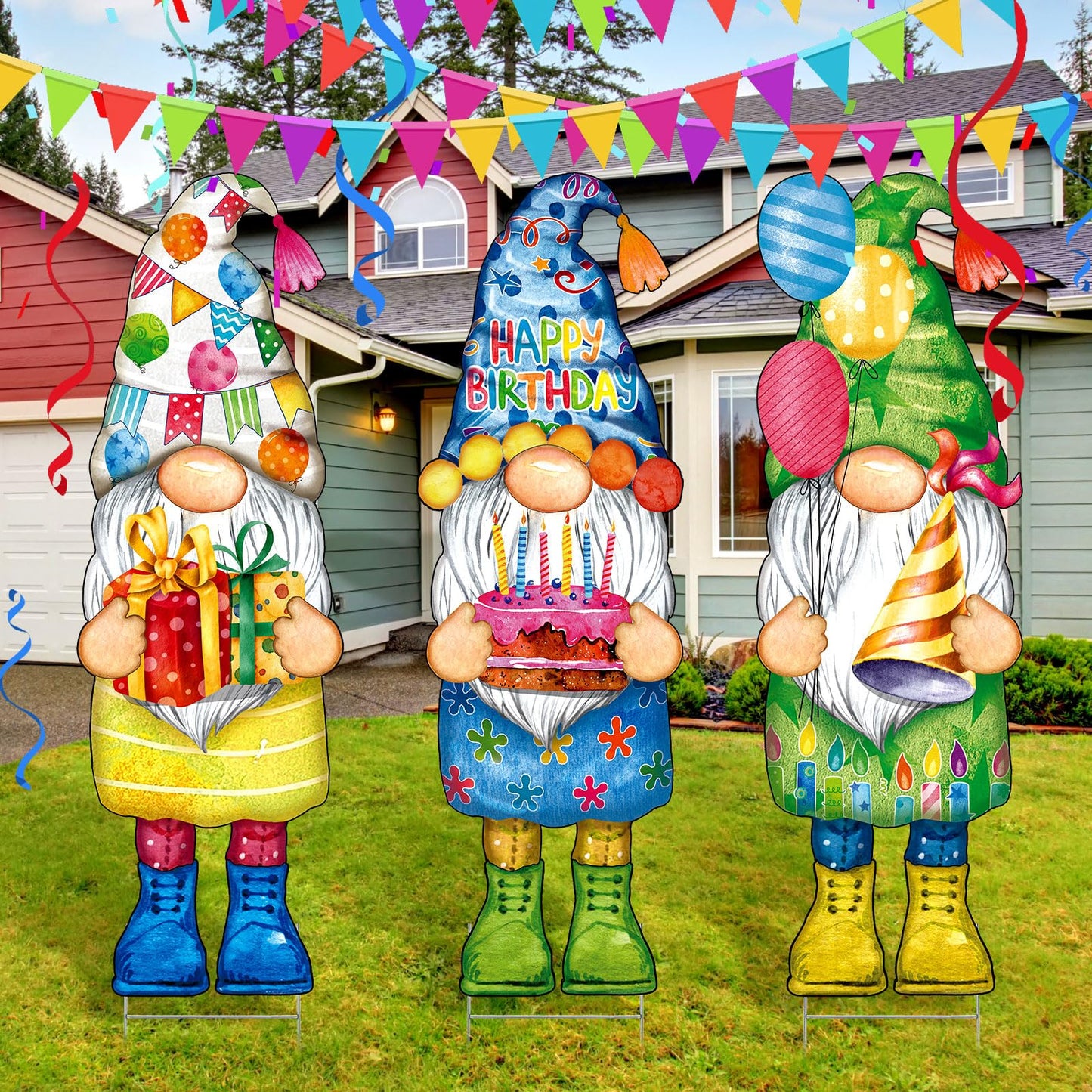 Umigy 3 Pcs 32 x 10 Inch Happy Birthday Yard Decor Outdoor Gnome Sign with Stakes Gift Boxes Cake Balloon Gnome Garden Sign Outdoor Yard Decor for Birthday Party Lawn Decorations