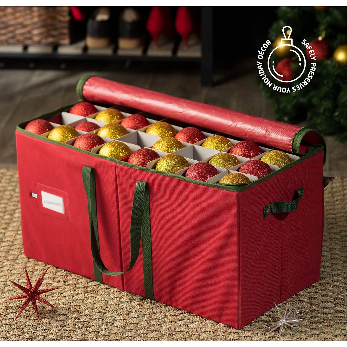 ZOBER Large Christmas Ornament Storage Box - Stores 128 3" Ornaments, With Dividers - Ornament Organizer Storage Box, Durable Christmas Containers Holder - Extra Pockets, Dual Zipper - Red