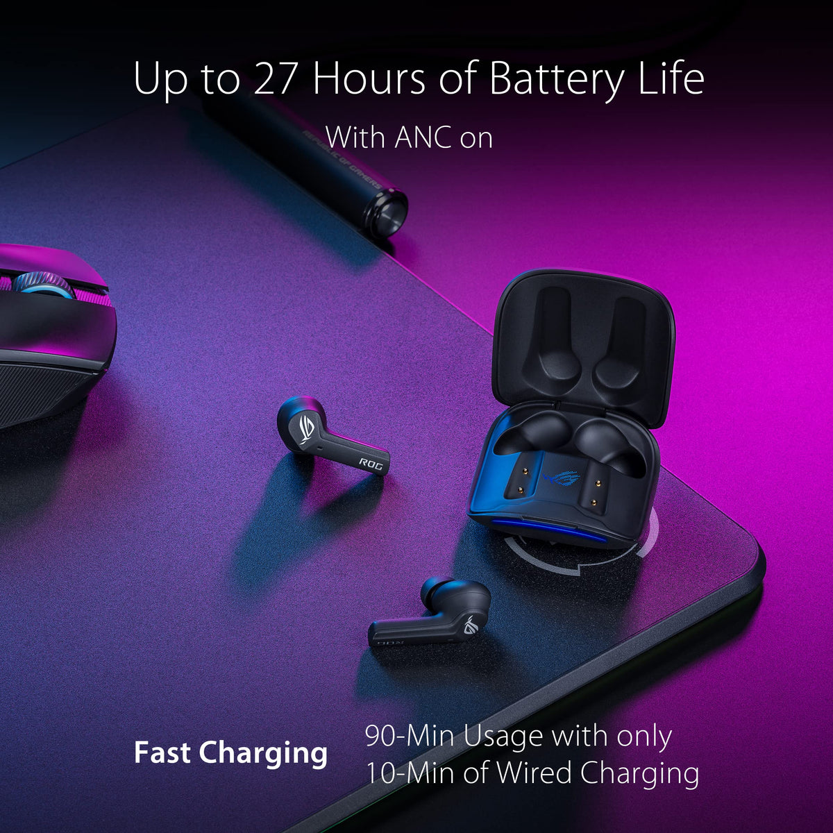 ASUS ROG Cetra True Wireless Gaming Earbuds – Bluetooth, Low-Latency, ANC Noise Cancelling, Touch Control, IPX4 Water Resistant, 27Hr Battery, Wireless Charging, for PC, Mobile, Switch, Ally/X - Black