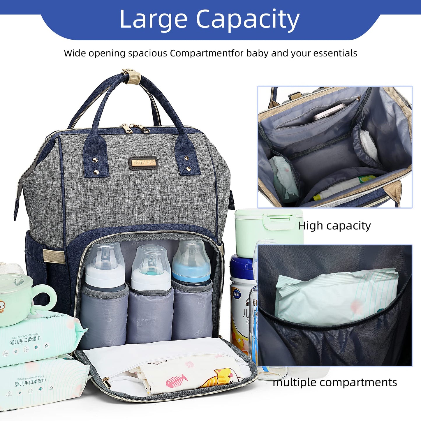 Diaper Bag Backpack, Diaper Bags for Baby Girls Boys, Baby Bags for Moms Dads, Nappy Changing Bag with Insulated Pockets,Multi-functional Waterproof Backpack with Stroller straps- Light Grey Blue