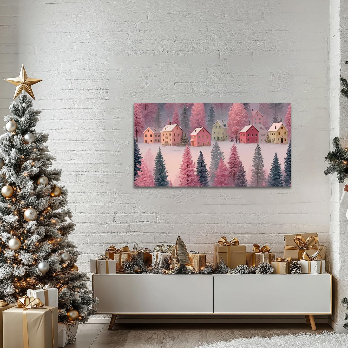 GUTTATY Christmas Canvas Wall Art, Pastel Winter Village Canvas Painting, Snow Scene Wall Prints, Festive Holiday Indoor Artwork Poster, Cozy Christmas Wall Decor for Living Room, 32x16 Inch