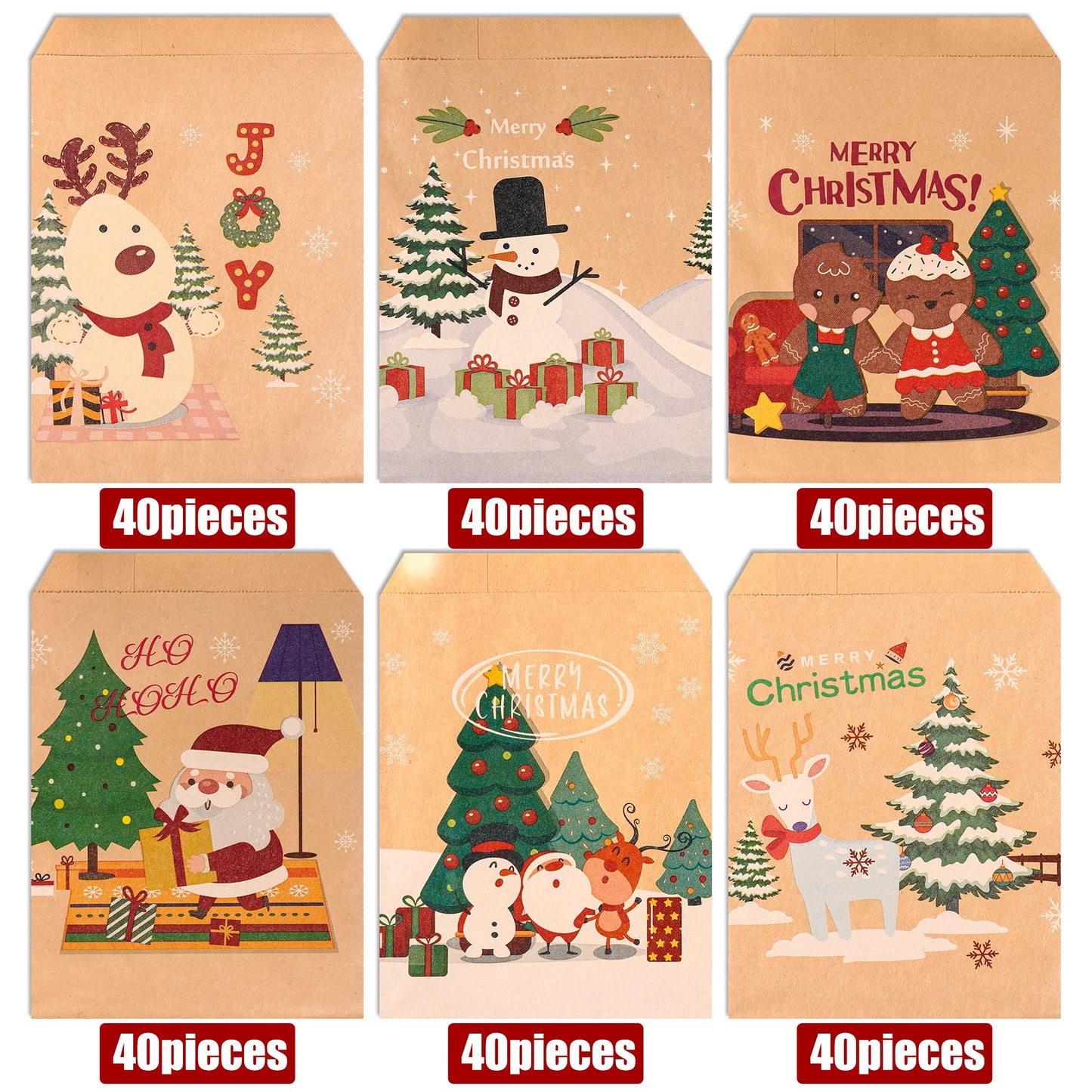 Kolewo4ever 240 Pieces Christmas Kraft Treat Bags Holiday Bag with Xmas Tree Santa Claus, Elk Prints Christmas Goodies Snack Gift Bag Candy Buffet Paper Bags for Xmas Holiday,6 Styles
