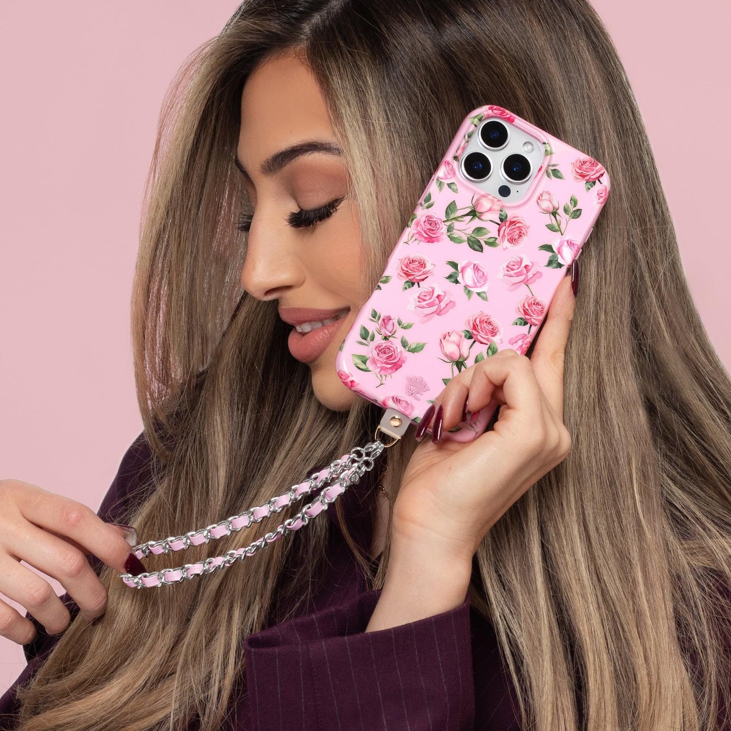 VELVET CAVIAR Leather Chain Phone Charm Wrist Strap - Cute Lanyard Accessory for Women - Fits all Phone Cases (Pink)