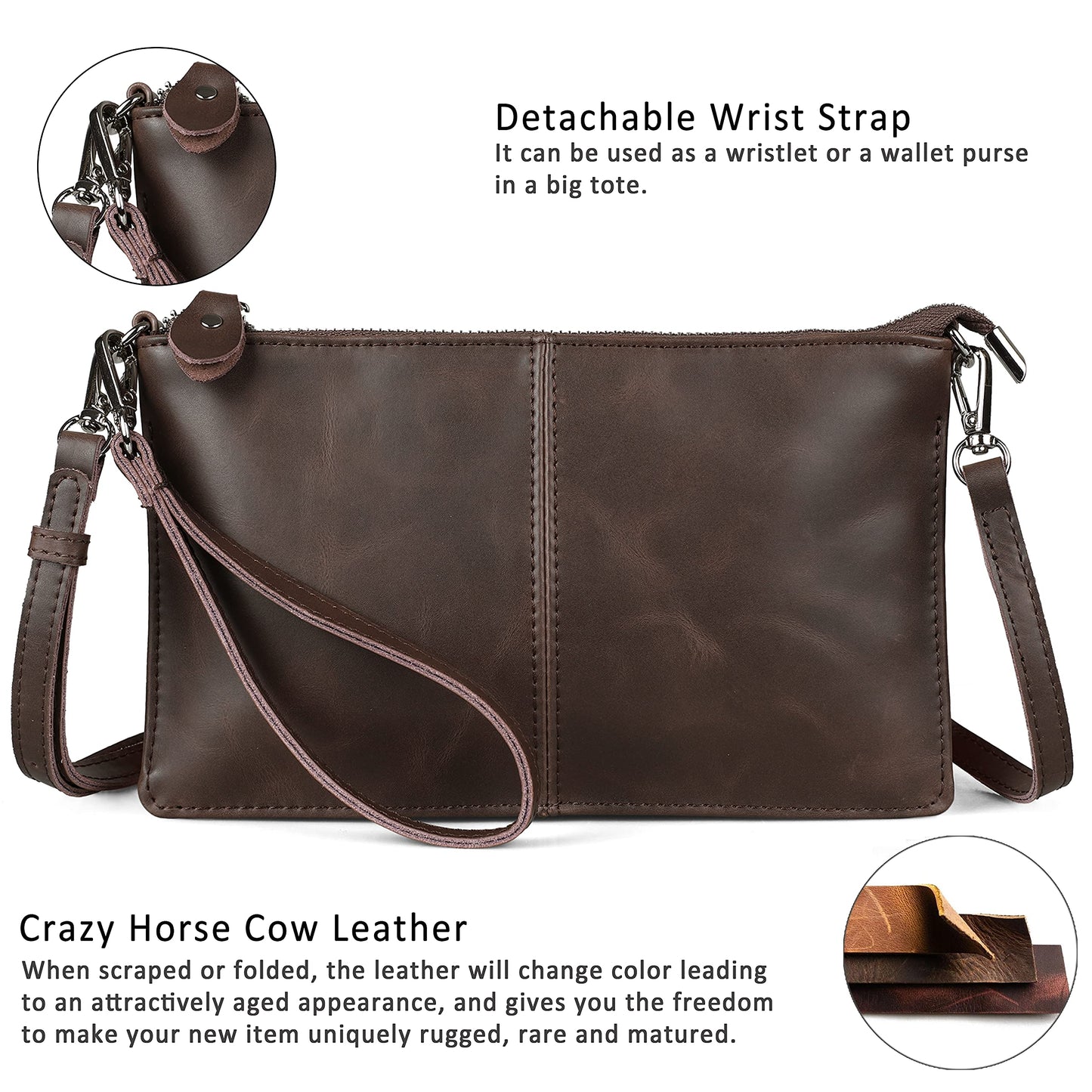 befen Vintage Brown Crazy Horse Leather Wristlet Clutch Wallet Purse Small Crossbody Bag for Women with RFID Card Slots (Mocha)