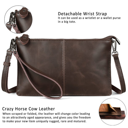 befen Vintage Brown Crazy Horse Leather Wristlet Clutch Wallet Purse Small Crossbody Bag for Women with RFID Card Slots (Mocha)