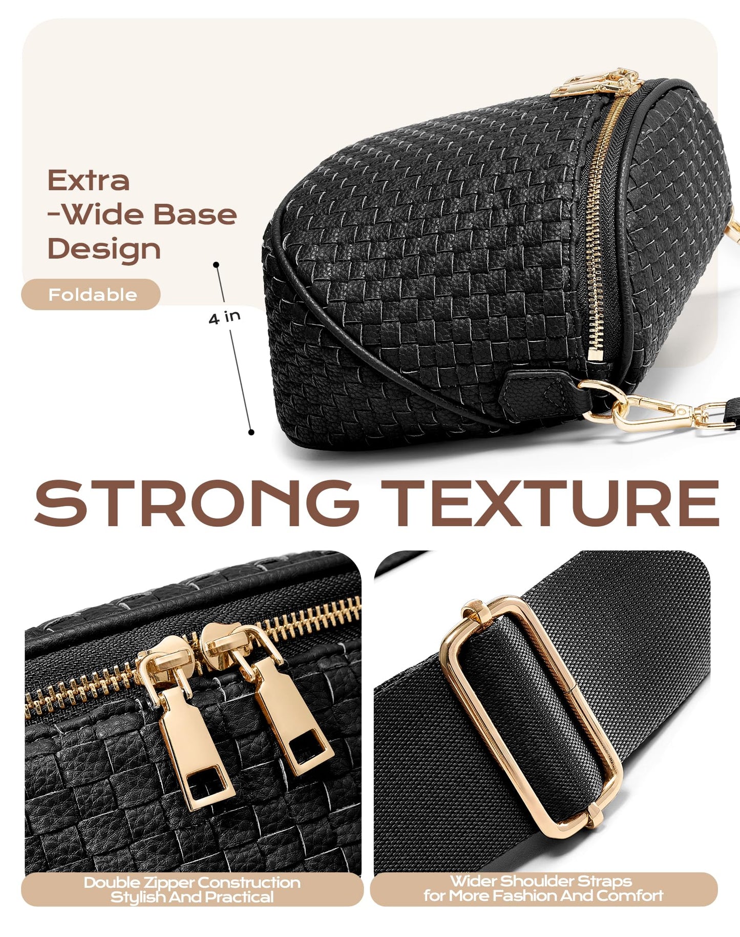 Trendy Woven Checkered Crossbody Bum Bag for Women，PU Leather Checkered Purse Fanny Packs Belt Bag (Woven Bum Bag - Pure Black)