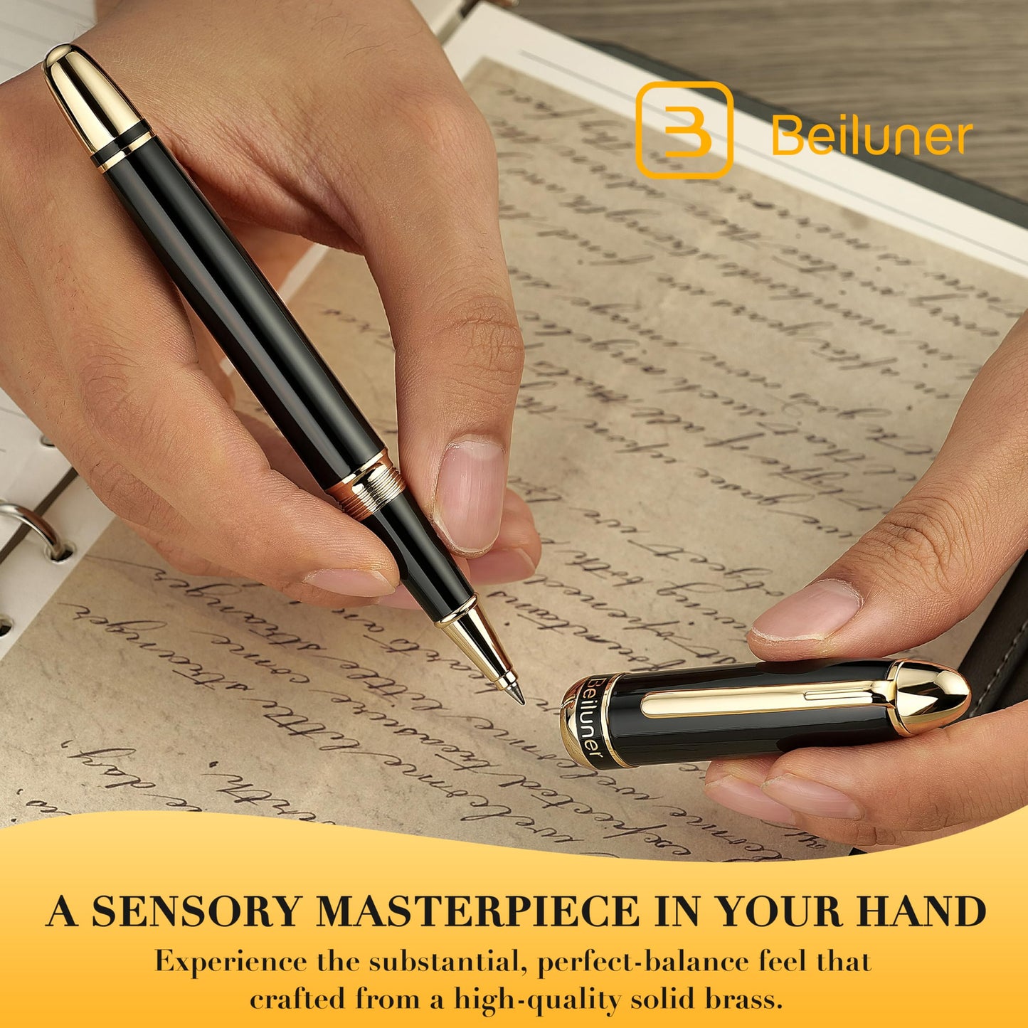 BEILUNER 315 Luxury Rollerball Pen, with 24K Gold Finish, Black Piano Lacquer, Luxury Grade Craftsmanship, Best Pen Gift Set for Men and Women, Professional, Executive, Office, Fancy, Nice Pens