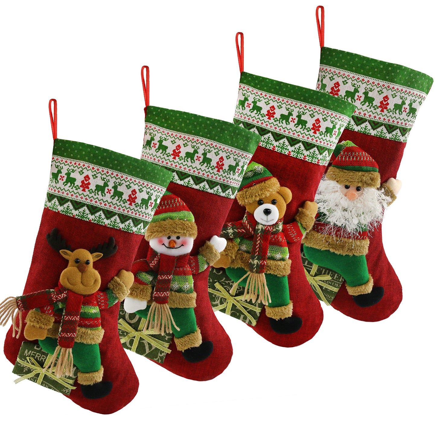 Houwsbaby Set of 4 Christmas Stockings Kit 3D Santa Snowman Bear Reindeer Flax Socks Holders Ornament Gift Bags for Family Xmas Party Supplies, Red, 18.5 inches (04)