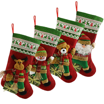 Houwsbaby Set of 4 Christmas Stockings Kit 3D Santa Snowman Bear Reindeer Flax Socks Holders Ornament Gift Bags for Family Xmas Party Supplies, Red, 18.5 inches (04)