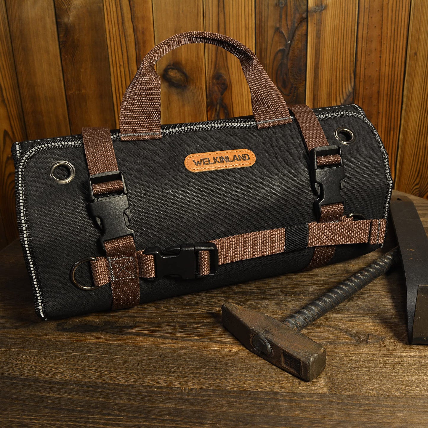 WELKINLAND Heavy-Duty Waxed Canvas Tool roll, 15-Pockets Tool Wrap Roll, 15L Tool Up Roll Bags, Tool Bag Roll, Tool roll organizer, Roll up tool bag organizer