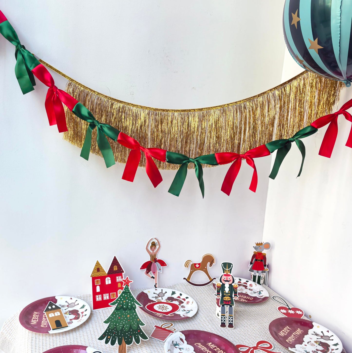 Eanjia Bow Knot Garland | 6ft Linking Satin Bow Banner with 3ft Extend Ribbon for Coquette Bachelorette Party, Baby Shower,Bridal Shower Wedding Baby Room Bed Decor (Red & Green, 6ft)