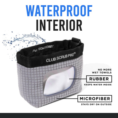 Club Scrub Golf Club and Golf Ball Cleaning Bag, Waterproof Clean Face Technology Liner, Perfectly Dry Microfiber Exterior, Detachable Clip, Machine Washable, Cleans Club Grooves, Gray Pro