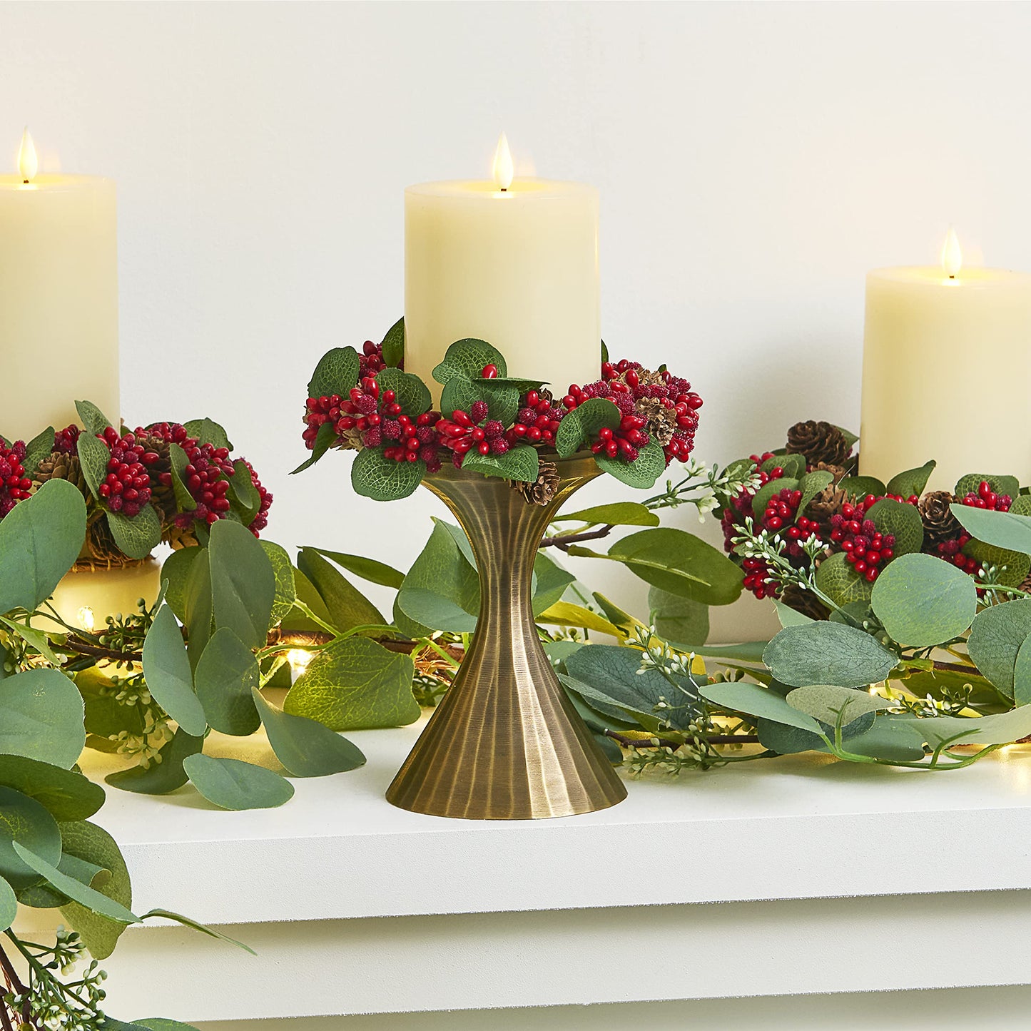 LampLust Winter Candle Rings, Set of 3 Mini Wreaths With Pine Cones & Red Berries, Fit 3 Inch Pillar Candles, Table Decor, Farmhouse Mantel Decor