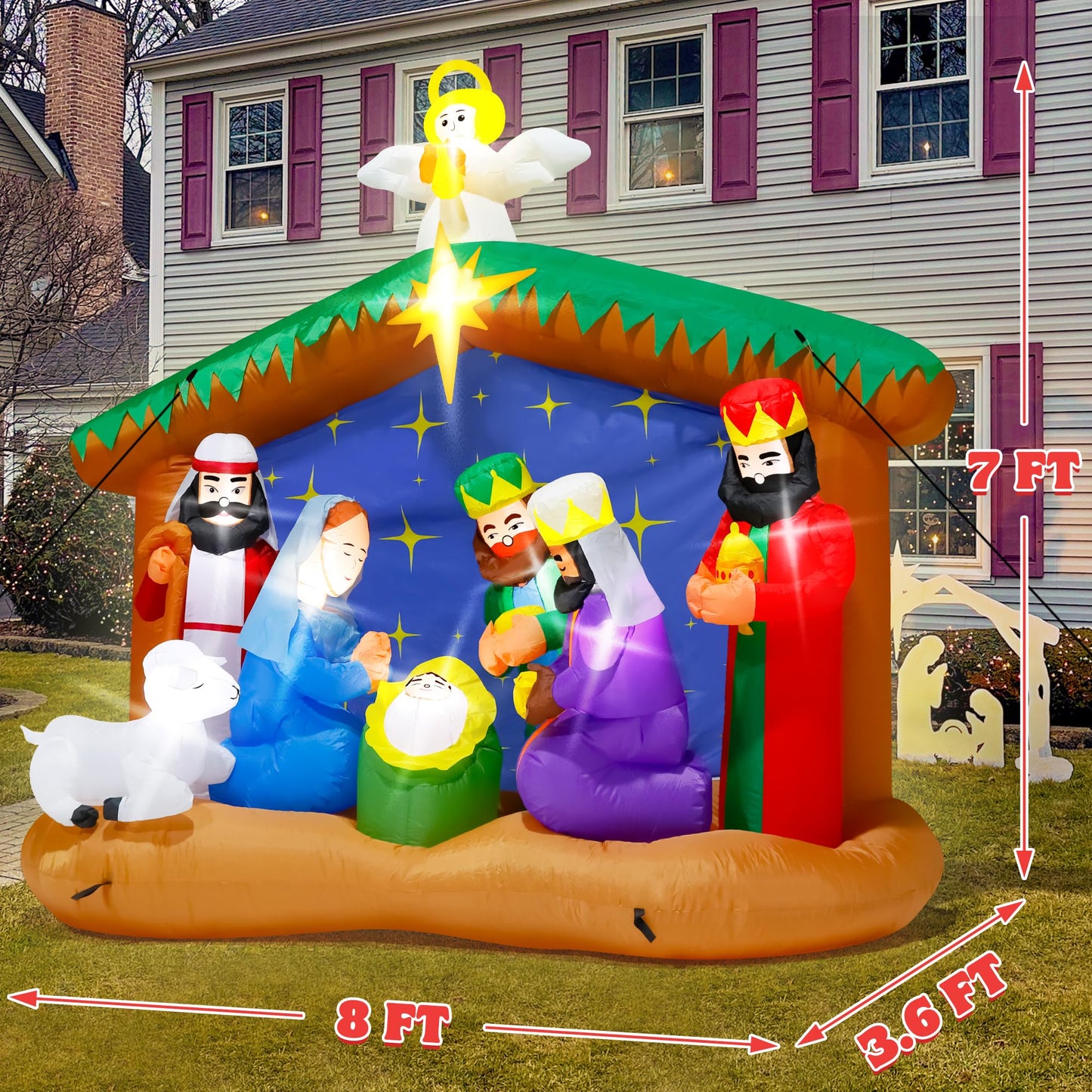 8FT Christmas Inflatables Nativity Scene, Blow Up Christmas Nativity Scene, LED Lighted The Birth of Jesus Scene Inflatables Decor, Christmas Outdoor Inflatable Decor for Xmas Yard Lawn Patio