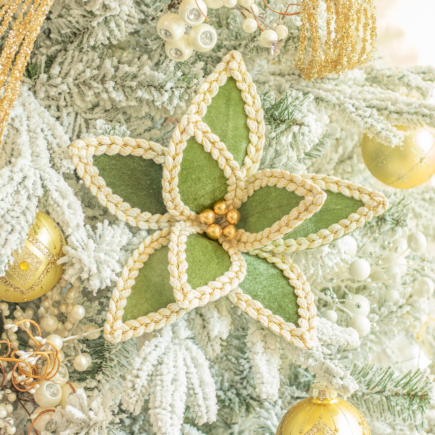 KI Store Velvet Poinsettia Flower Picks 6pcs Light Green Christmas Floral Picks 12-Inch for Christmas Tree Wreath Garland Decorations